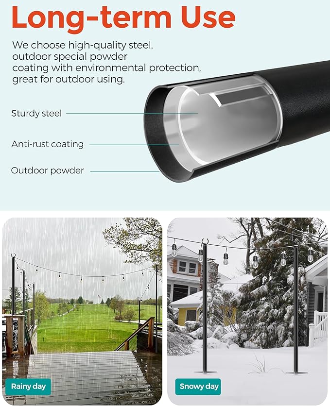 LAND·VOI 4 Pack String Light Poles, 9FT Heavy Duty Metal Light Poles for Outside String Lights, Outdoor light poles with 5 Prong Fork, Light Pole Stand for Patio, Backyard, Garden, Deck, Black FLP14B