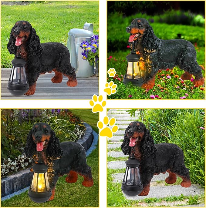 Afirst Solar Dog Statue Garden Decor- Outdoor Decor with Solar Lantern Lovely American Cocker Spaniel Figurine Patio Lawn Yard Art Ornaments Housewarming Gift