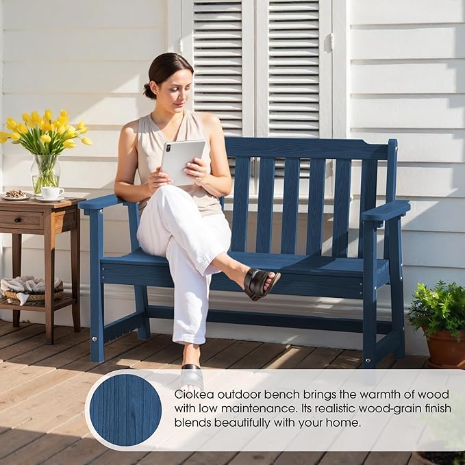 Ciokea 46" Heavy Duty Outdoor Bench Set of 2, HDPE Weatherproof Garden Bench, 2-Person Memorial Benches with 660 Lbs, Waterproof Patio Porch Benches for Outside Business Office Backyard, Navy Blue