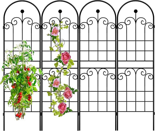LZRS 4 Pack 71x20in Rustic Iron Arch Decoration Garden Trellis with Black Metal Coating – Perfect for Supporting Climbing Plants Outdoor, Roses, Vines, Flowers, and Vegetables.