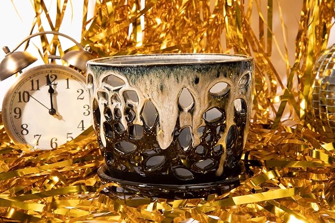 rePotme 5 inch Floral Cutout Ceramic Orchid Pot (Honey Cream Over Coffee)