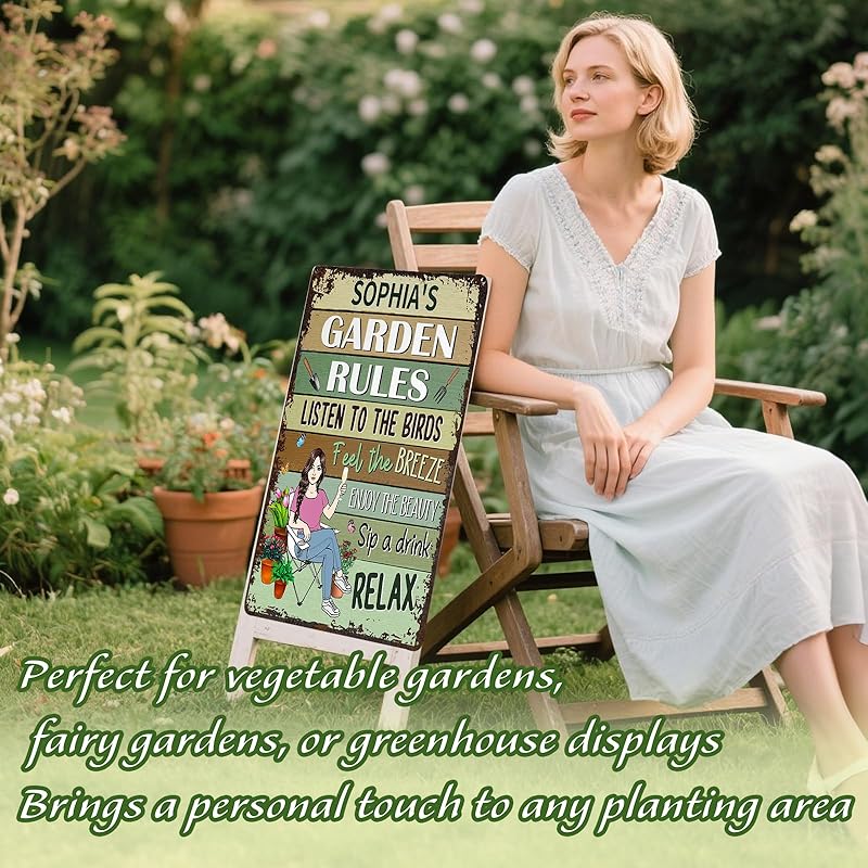 Personalized Retro Garden Metal Sign, Custom Cartoon Character and Name, Funny Garden Decor, Gift for Family, Friends, Women Gardeners, Gardening Lovers, Yard Outdoor Artwork Prints