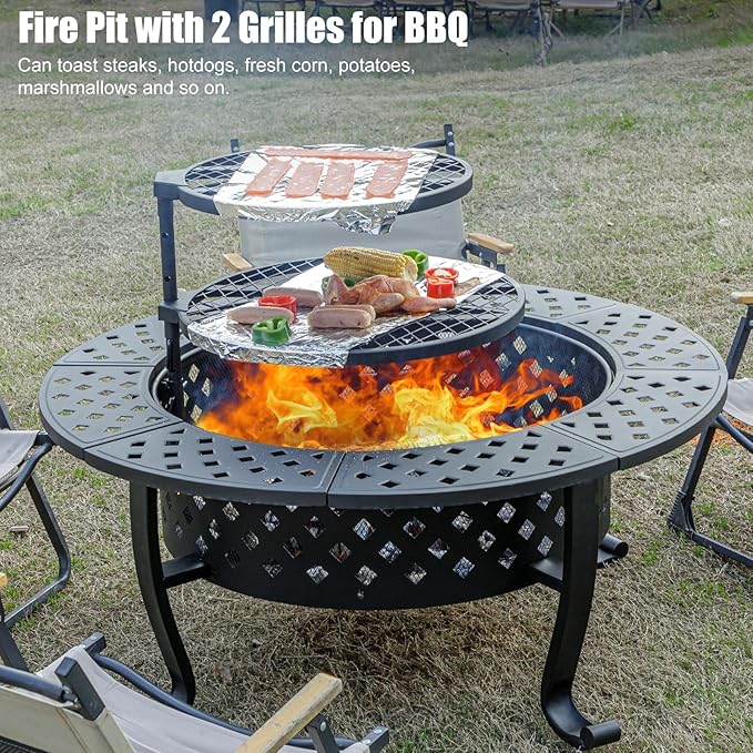 42 Inch Fire Pit with 2 BBQ Grills, Wood Burning Fire Pits for Outside with Lid & Fire Poker, BBQ& Outdoor Firepit & Round Metal Table 3 in 1 for Patio, Picnic, Party