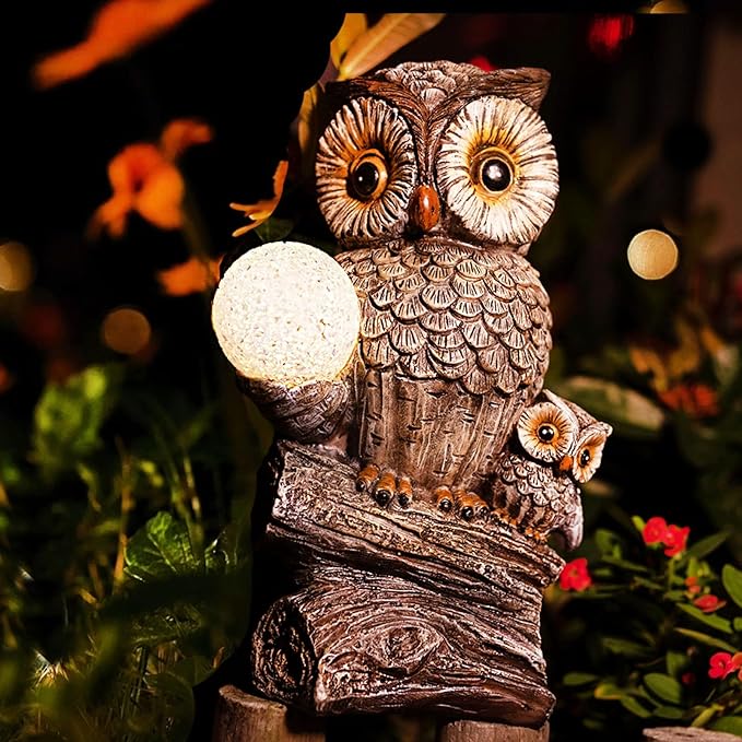 Garden Decor Owl Statues Fall Decorations for Outdoor,Resin Owl Figurines with Solar Lighted Ball- Owl Gardening Gifts for Women Owl Lawn Ornaments for Patio Decor Yard Decoration