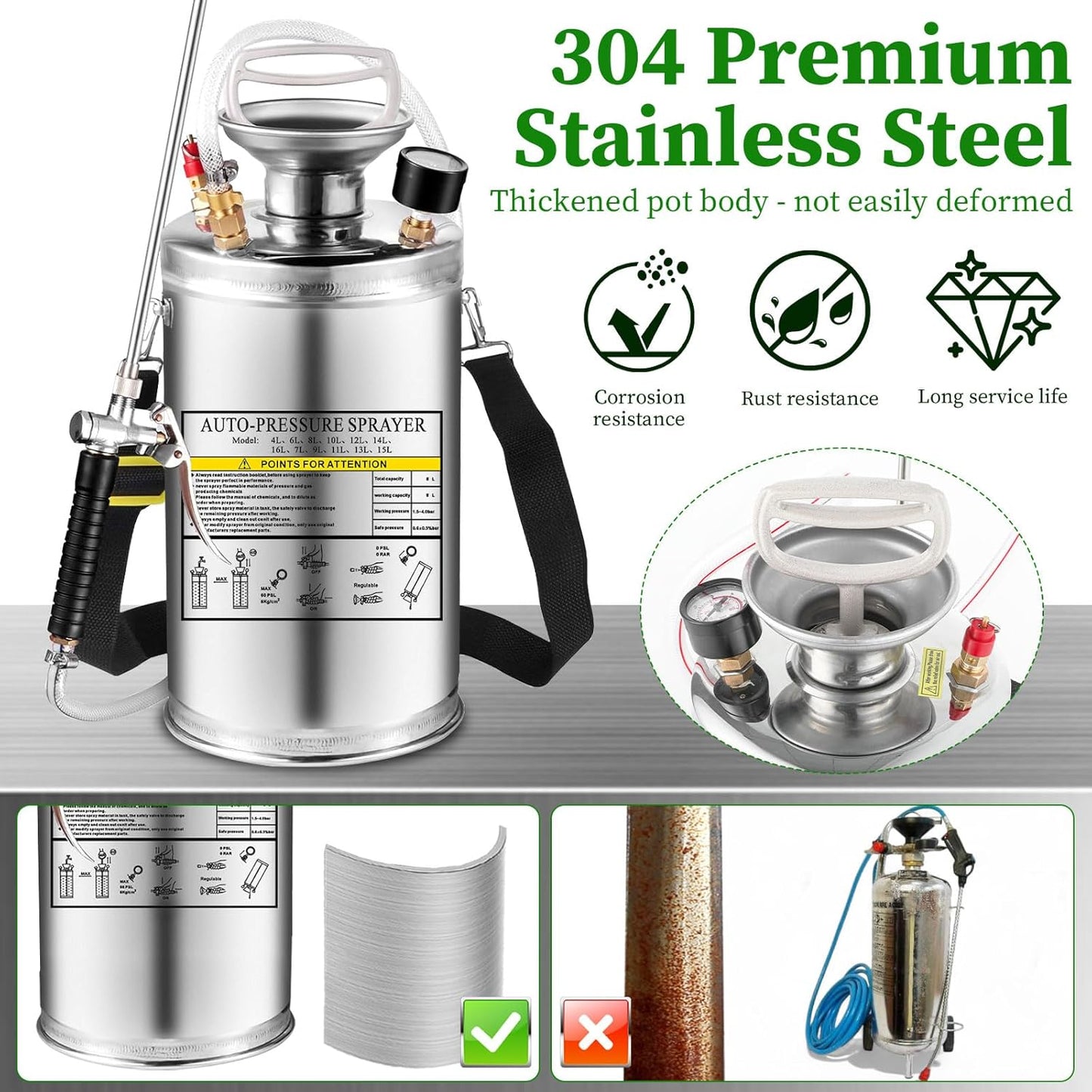 1Gal Stainless Steel Pump Up Sprayer Reinforced Hose, Hand Pump Sprayer with Pressure Gauge&Safety Valve, Adjustable Nozzle Suitable for Gardening (1 Gallon)