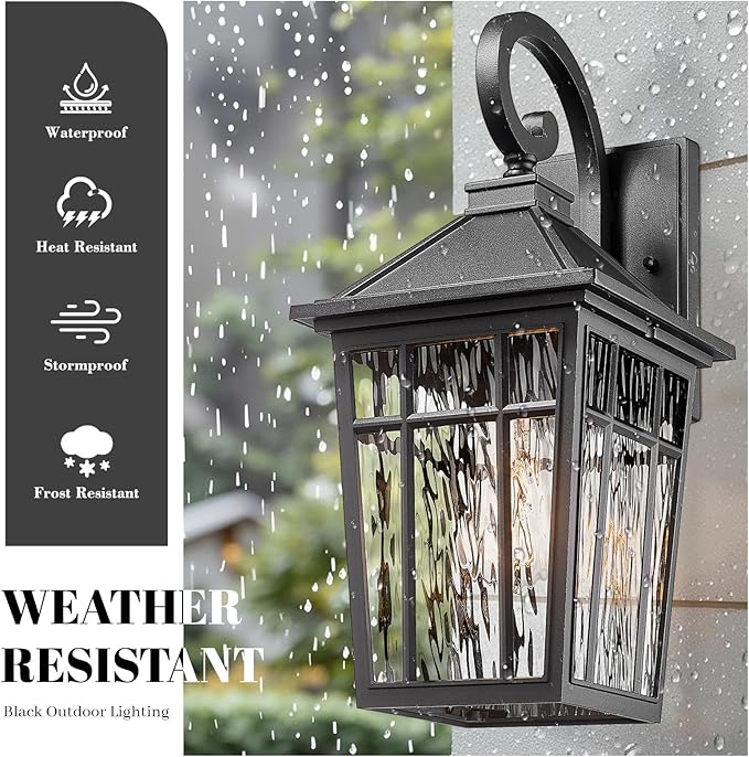 Outdoor Light Fixture 14 Inch Height Outside Wall Lights Black Finish and Water Ripple Glass Exterior Lights for House Garage Porch and Garden E26 Socket 2-Pack