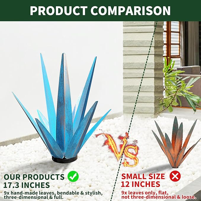 Large Tequila Rustic Sculpture, Rustic Metal Agave Plants for Outdoor Patio Yard, Home Decor Hand Painted Metal Agave Garden Yard Statue, Outdoor Lawn Ornaments Yard Stakes (Sky Blue - M)