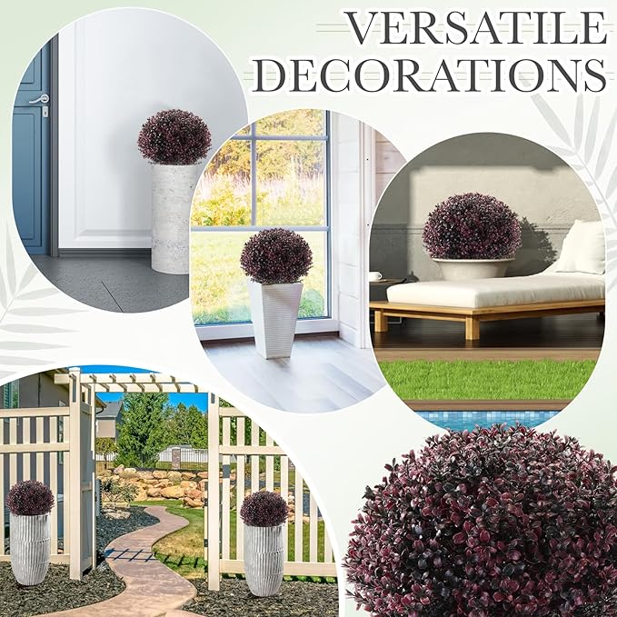 Yunlly 2 Pack 18" Artificial Boxwood Ball Bush Topiary Trees Fake Outdoor Plants, Realistic UV Resistance Faux Shrubs with Spike Greenery Topiary for Front Porch Garden Yard Patio Indoor (Dark Purple)