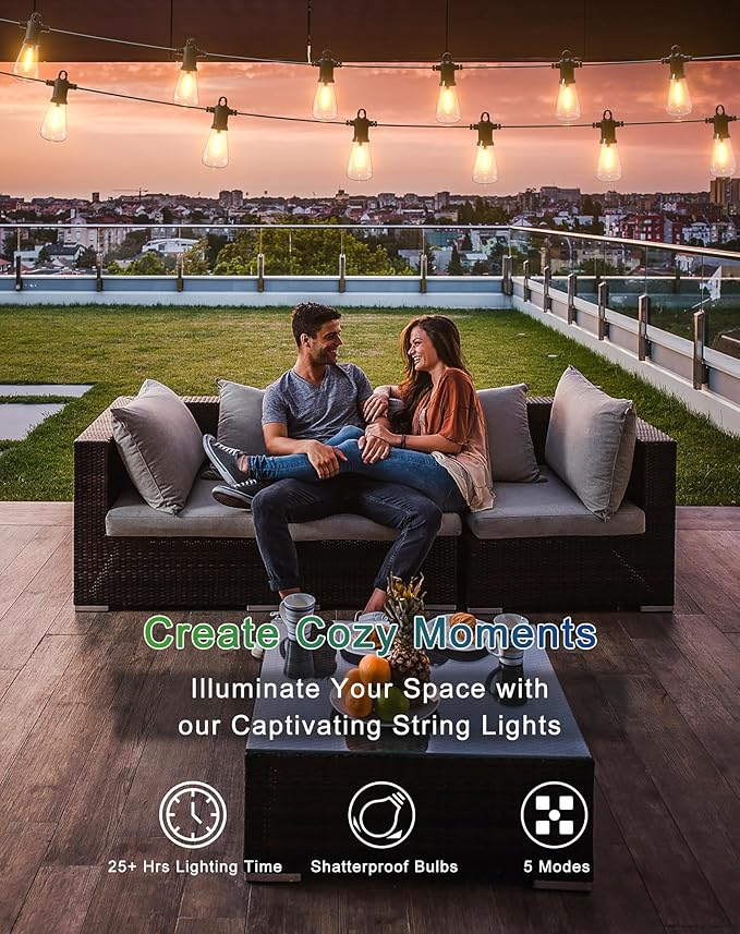 Solar String Lights Outdoor Waterproof 100FT with USB Port and 52 Shatterproof ST38 Bulbs(2 Spare), LED Solar Powered Patio Lights for Outside, Porch, Backyard, Gazebo, Garden(Warm White)