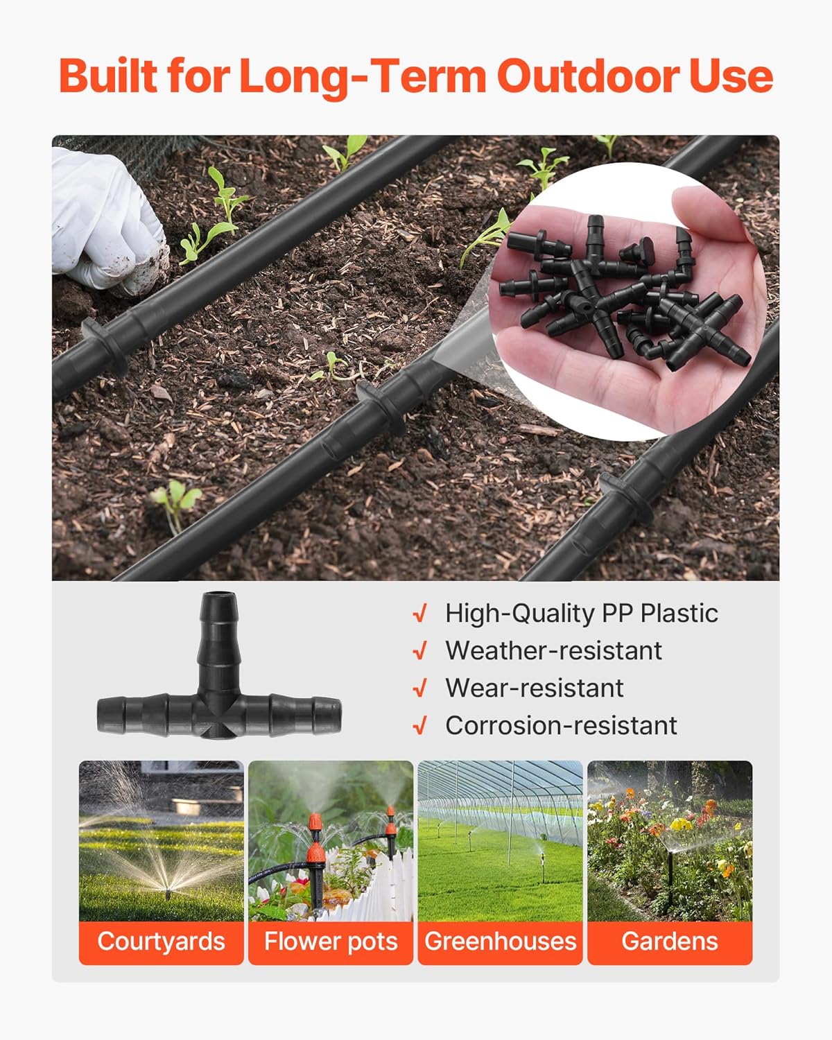 VEVOR Drip Irrigation Fittings Kit for 1/4" Tubing, 300 Pcs Drip Irrigation System Parts, Tees, Straight Barb, 4 Way Coupling, Elbows, End Plug, Single Barbs, Barbed Connectors for Yard Garden Lawn