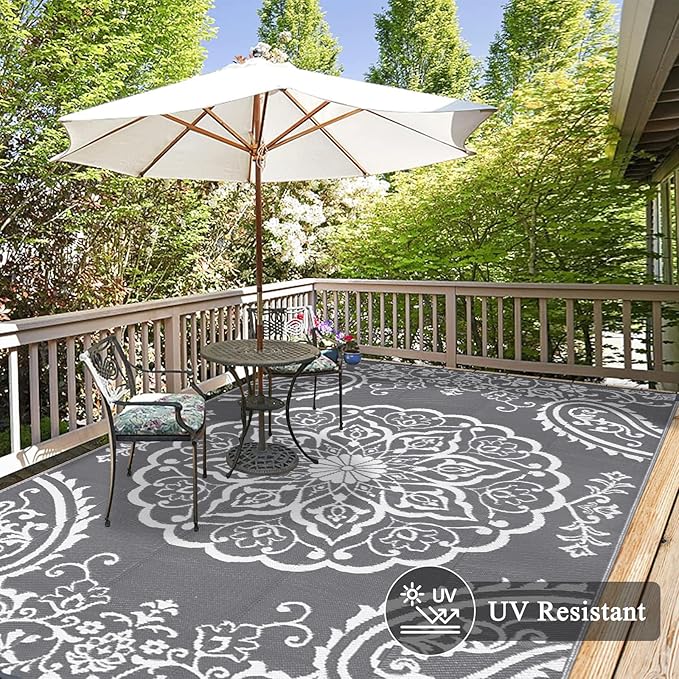 Pauwer Waterproof Outdoor Rug 9x12, Reversible Plastic Straw Patio Camping Rug, Indoor Outdoor RV Mat Carpet for Deck, Camper, Porch, Balcony, Backyard, Picnic, Boho Grey