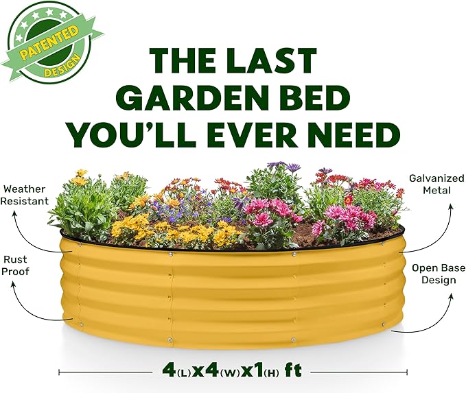 Round Galvanized Raised Garden Bed // 4×4×1 ft Galvanized Raised Garden Beds Outdoor for Gardening, Vegetables, Flowers // Patented Tool-Free Design Round Planter (Yellow)