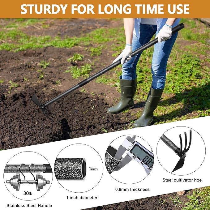 Weeding Tool, Hoe Cultivator 2 in 1 Garden Tools - 31" Heavy Duty Weeder Hand Tiller Weeding Rake for Flower Beds Yard Lawn Gardening Digging Planting