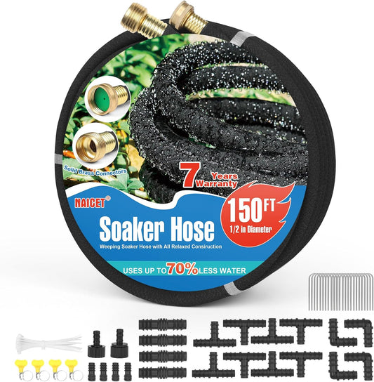 Soaker Hose 150FT Heavy Duty Rubber Saves 75% Water End Cap Included for Additional Hose Connect Great for Gardens/Flower Beds