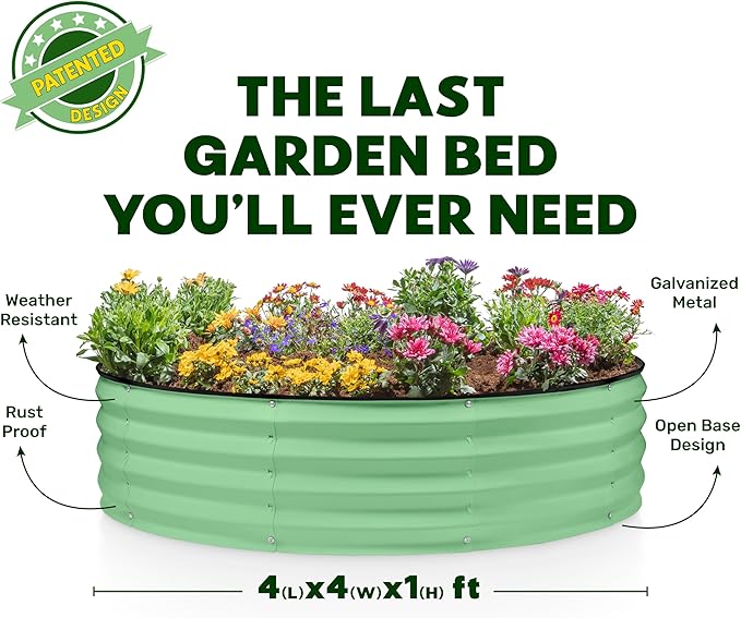 Round Galvanized Raised Garden Bed // 4×4×1 ft (2-Pack) Galvanized Raised Garden Beds Outdoor for Gardening, Vegetables, Flowers // Patented Tool-Free Design Round Planter (Light Green)