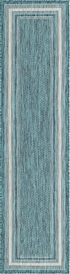 Unique Loom Outdoor Border Collection Area Rug - Soft Border (2' x 8' Runner, Teal/ Ivory)