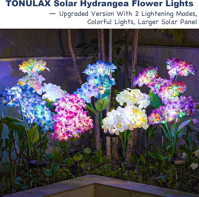 TONULAX Solar Garden Lights - 3 Pack Upgraded Version Outdoor Lights, Colorful Hydrangea Flower Light for Yard Decor, Garden Decoration, Two Lightning Modes & Enlarged Solar Panel