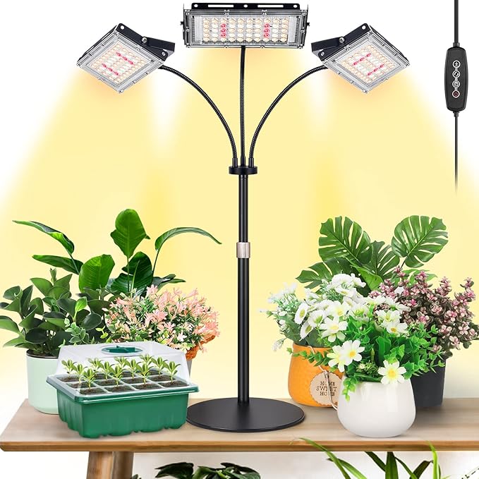 LBW Plant Grow Light, Full Spectrum Tri-Head Desk Plant Light for Indoor Plants, Growing Lamp with 3H/6H/12H Timer, 6-Level Brightness, 3 Lighting Modes, Height Adjustable, Ideal for Indoor Growth