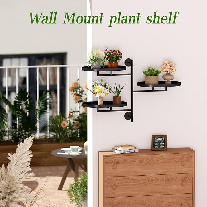 WIndow Sill Rotating Plant Stand Shelf Indoor Black Metal Floating Shelves 3-Tier Wall Mount Plant Holders for Living Room Wall Planter Modern Home Decor for Gardening