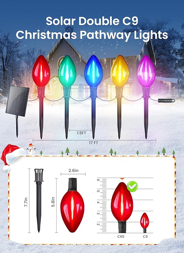 Minetom Solar Double C9 Christmas Pathway Lights Outdoor -16FT 10 LED C9 Christmas Lights Outdoor with Timer,8 Modes, Solar Christmas Outdoor Decorations for Lawn Walkway Outside Holiday, Multicolor