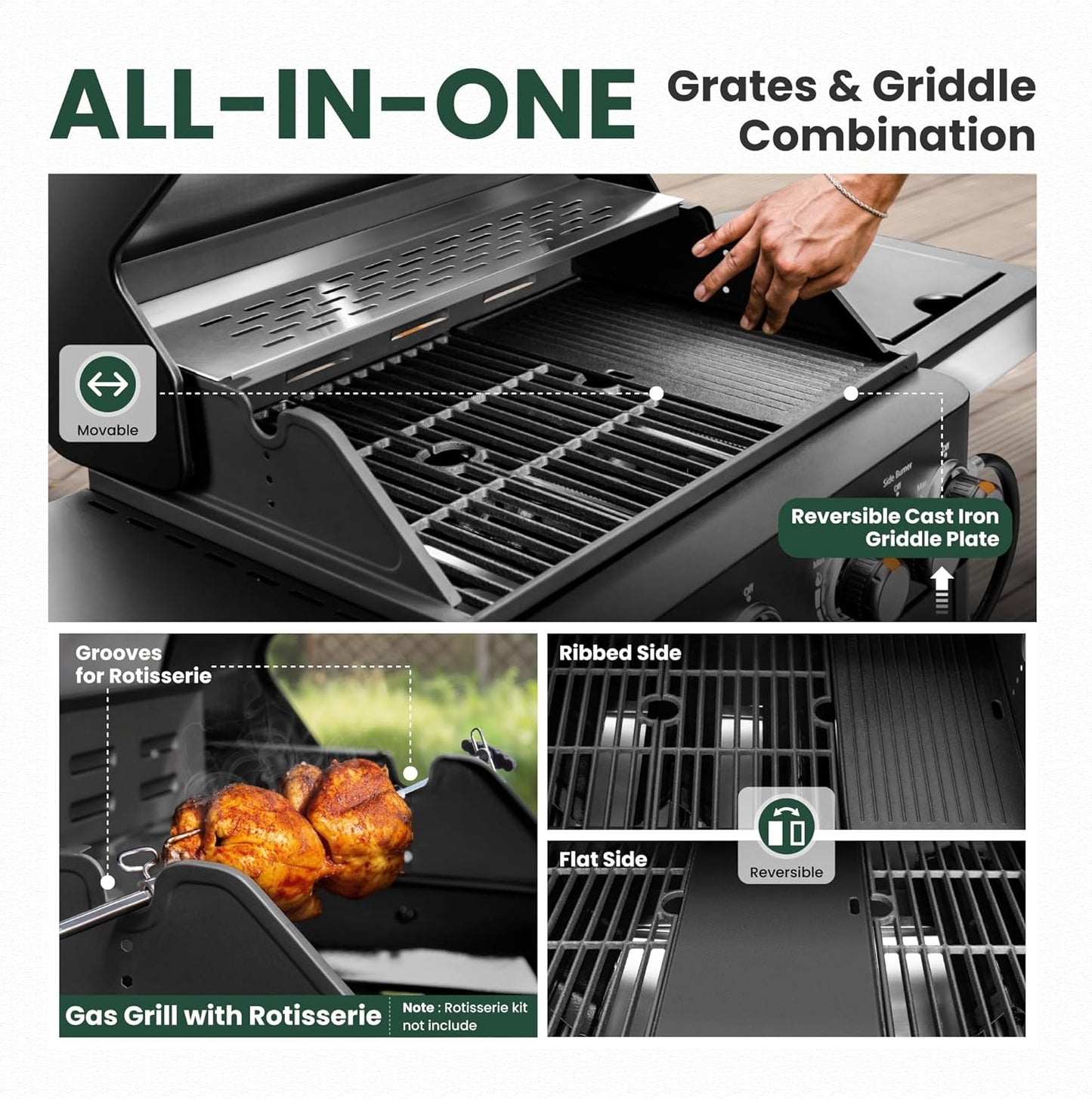 2 in 1 Propane Gas BBQ Grill with Side Burner & Porcelain-Enameled Cast Iron Grate, 4-Burner Flat Top Griddle, 46,700 BTU Outdoor Barbecue Propane Griddle Grill Combo for Camping, Patio, Backyard