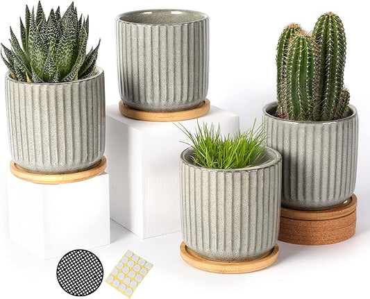OMAYKEY 4 Inch Ceramic Plant Pot with Saucer, Creative Stripe Grey-Green Small Planters Pots with Drainage Hole and Mesh Pads for Succulent, Cactus, Herbs - Set of 4