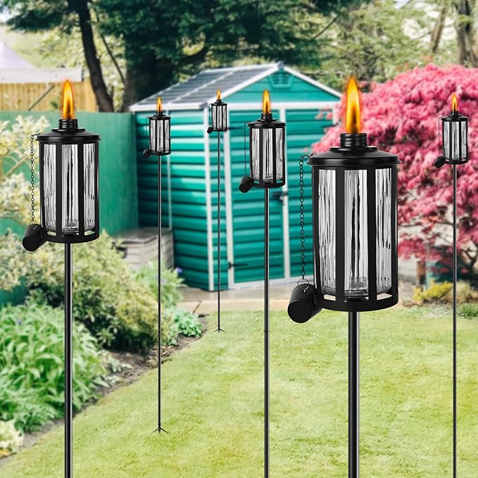 4 Pack Glass Citronella Torches, 16 oz Garden Torches for Outside with 3-Prong Grounded Stake, 55 inch Outdoor Clear Glass Flame Light Torch for Yard, Patio, Deck, Garden, Party, Landscape