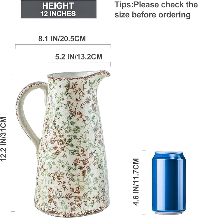 Enra Pitcher vase with Handle,12.2 in Ceramic Vintage Chinoiserie Floral Vase,Green and Beige Decorative Flower vase,Large Rustic Vases for Home Decors, Living Room, Bookshelf, Office