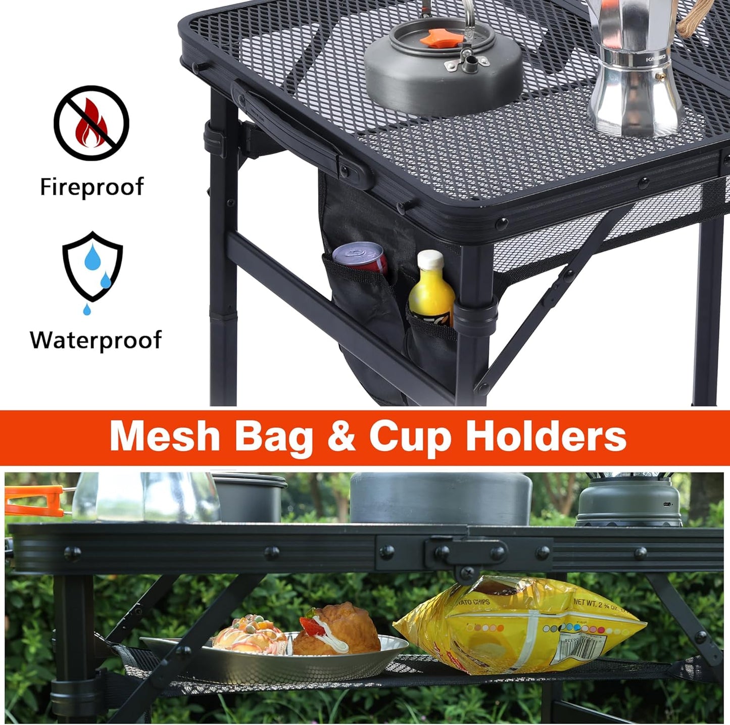 Camping Table, 2x1.3 FT Portable Folding Grill Table, Lightweight Height Adjustable Metal Tables with Mesh Desktop and Mesh Bag, Outdoor Tables for Camping, Picnic, Beach and BBQ, Black