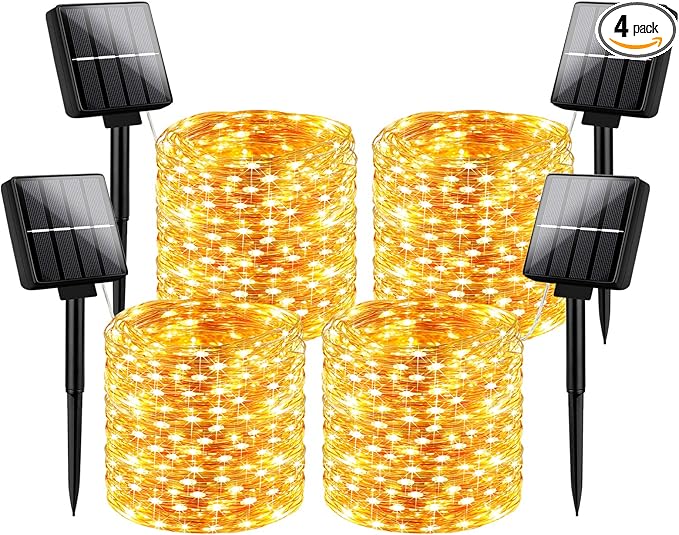 Outdoor Solar String Lights Waterproof 288Ft, 4-Pack Each 72FT 200 LED Solar Powered Fairy Lights with 8 Lighting Modes, Copper Wire Lights for Patio, Garden, Party, Wedding (Warm White)