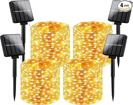 Outdoor Solar String Lights Waterproof 288Ft, 4-Pack Each 72FT 200 LED Solar Powered Fairy Lights with 8 Lighting Modes, Copper Wire Lights for Patio, Garden, Party, Wedding (Warm White)