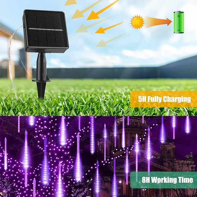 Purple Solar Christmas Lights, 16 Inches 8 Tube 288 LED Solar Meteor Shower Lights with 16 Tubes, Icicle Fairy String Lights for Christmas Decorations Tree Party Yard, Purple