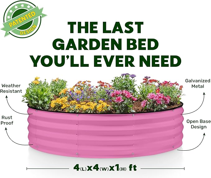 Round Galvanized Raised Garden Bed // 4×4×1 ft Galvanized Raised Garden Beds Outdoor for Gardening, Vegetables, Flowers // Patented Tool-Free Design Round Planter (Pink)