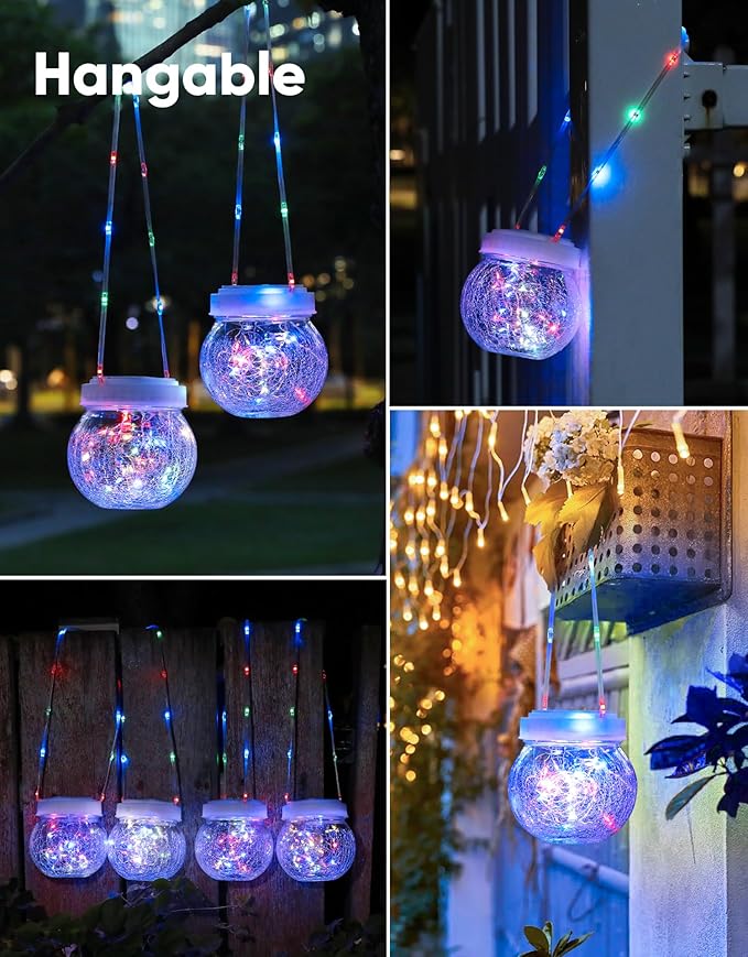 Solar Lantern Solar Lights Outdoor Waterproof 2-Pack, Solar Powered Hanging Lights Cracked Glass Hanging Globes for Christmas Decoration, Shepherd Hook, Garden Tree Ornaments,White Cap, Multi-Color