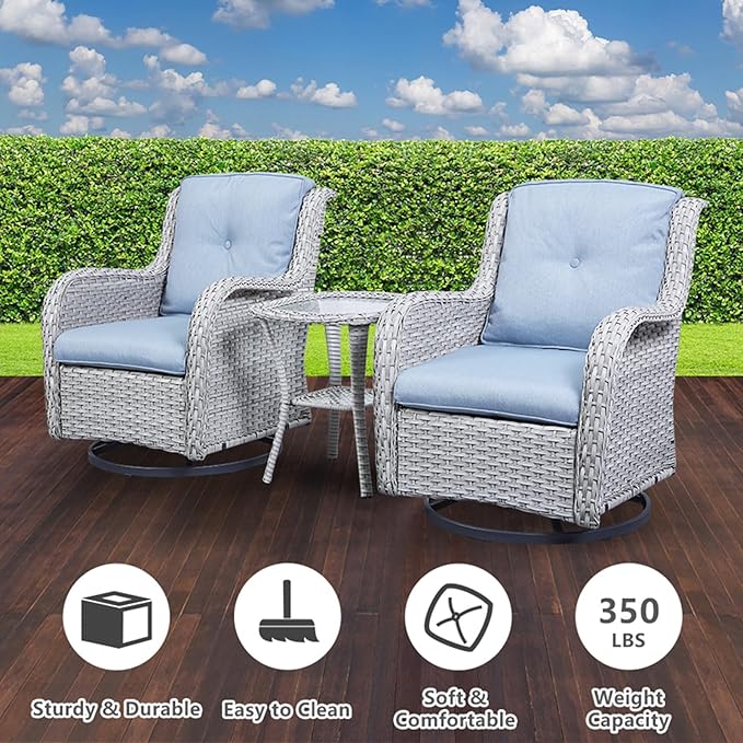 Outdoor Swivel Rocker Patio Chairs Set of 3, High Back Swivel Patio Chairs Wicker Furniture Set, 2 PCS Rattan Swivel Rocking Chair with Side Table, Light Grey Wicker