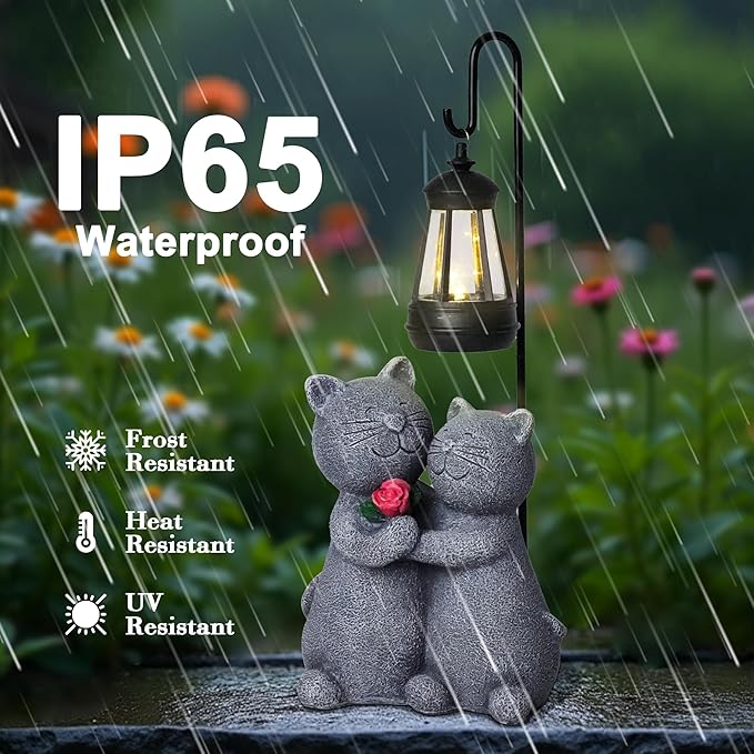 Cat Garden Statues with Solar Lantern Romantic Resin Kitty Couple Holding Rose Funny Cat Decor Gifts for Women Cats Figurines for Yard Lawn Porch Patio Decor