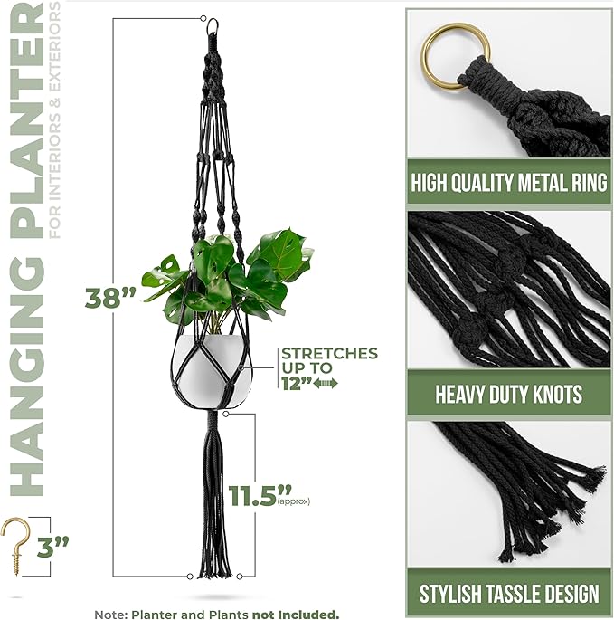 Sorbus Macrame Plant Hanger (4 Pack) Indoor Outdoor Hanging Plant Pots Cotton Rope, Elegant for Home, Patio, Garden (Black)