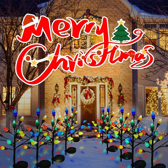 C7 Solar Christmas Pathway Lights - 2 Pack with 24 LED Strawberry Multicolor Lights, 8 Modes - Outdoor Waterproof Christmas Decorations for Garden, Yard, Pathway