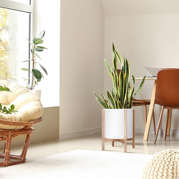 D'vine Dev Planter Pot with Stand - 14 Inch Plastic Cylinder Flower Pot with Wood Planter Holder for Indoor, Matte White Pot + Natural Stand, 55-C-S-1