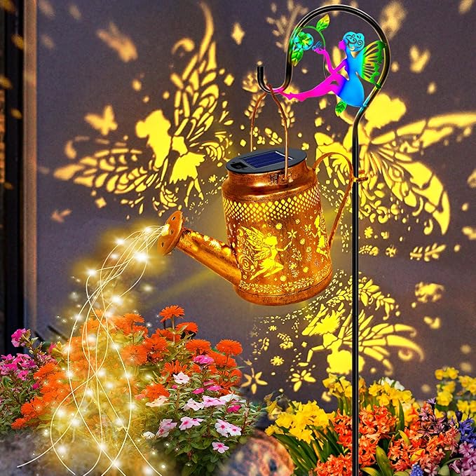 Solar Lanterns Outdoor Waterproof,Metal Watering Can Garden Decor,Fairy Hanging Solar Path Lights Yard Art,Outside Patio Decorations Gardening Birthday Gifts for Mom Grandma Women（with Shepherd Hook）