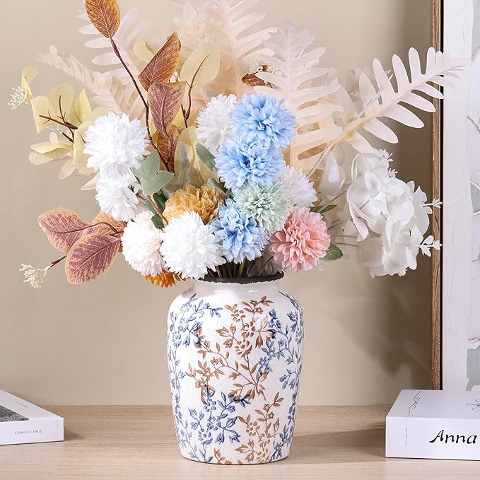 Vintage Vase for Flowers,Blue Chinoiserie Ceramic Vase,Rustic Farmhouse Cracked Vases,for Flower Arrangement,Living Room, Office, Shelf, Fireplace Tables,Centerpieces,Chinoiserie Pottery Decor(C)