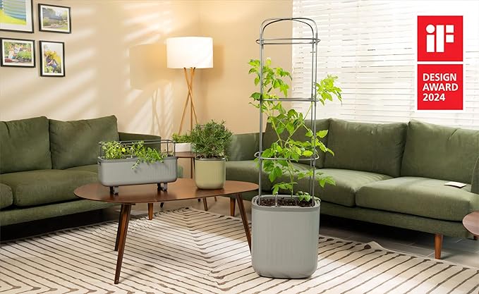 Vego garden Planters for Outdoor & Indoor Plants, Large Plant Pots with Self Watering, 15" Tall Large Plant Pots with Trellis for Flowers Plants Decor, Fog Gray