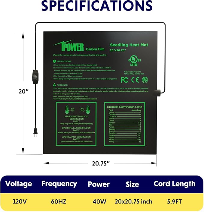 iPower 20" x 20.75" Seeding Heat Mat with Temperature Adjustable Knob and Digital Thermometer, Durable Warm Hydroponic Plant Germination Starting Pad