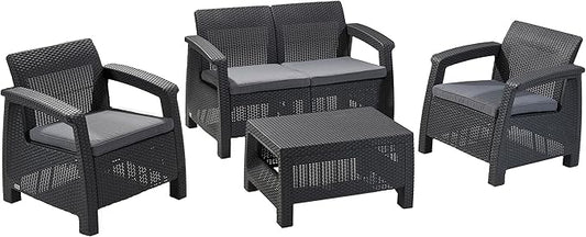 Keter Corfu 4 Piece Set All Weather Outdoor Patio Garden Furniture with Cushions, Charcoal