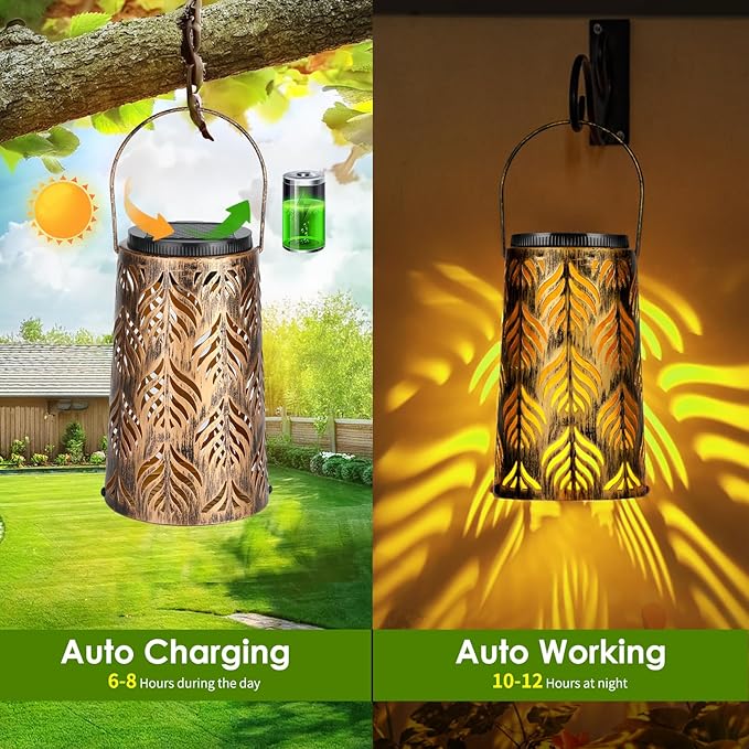 Palm Leaves Outdoor Solar Lantern w/2 Color Temperatures, Waterproof Solar Lights, Hanging Yard Lights Decor for Garden Patio Wedding Party, Grandma Mothers Day Gift for Mom Women Wife Friends
