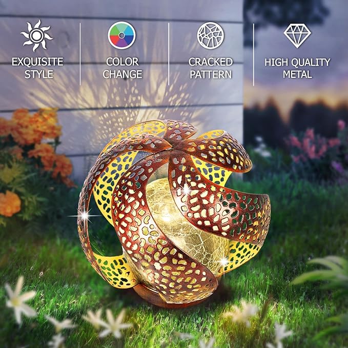 Solar Lights Outdoor - Ramadan Solar Lights for Outside Garden Decor, Hollow Solar Lights with Glass Globe, Solar Lantern Gardening Gifts for Women, Mom, Pathway, Balcony, Tabletop Decoration