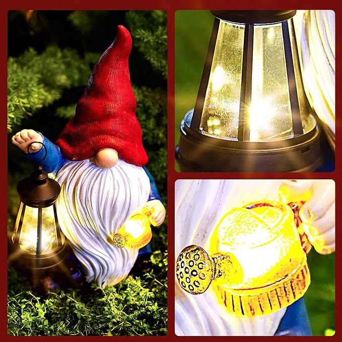 Solar Garden Gnome Christmas Gnome Outdoor Statues Garden Decor Resin Birthday Gifts for Women Mom Art for Yard Porch Patio Lawn Yard with Watering Can Lights Lantern