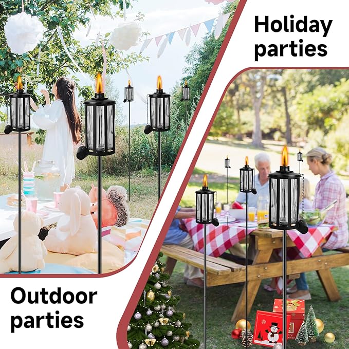 4 Pack Glass Citronella Torches, 16 oz Garden Torches for Outside with 3-Prong Grounded Stake, 55 inch Outdoor Clear Glass Flame Light Torch for Yard, Patio, Deck, Garden, Party, Landscape
