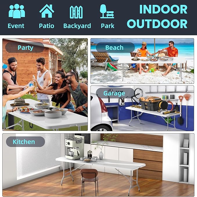 HLPB Folding Table Picnic Table, 8 ft Portable Camping Table with Handle and Safety Locks, Foldable Table Plastic Dining Table Indoor Outdoor for Camping, Picnic and Party