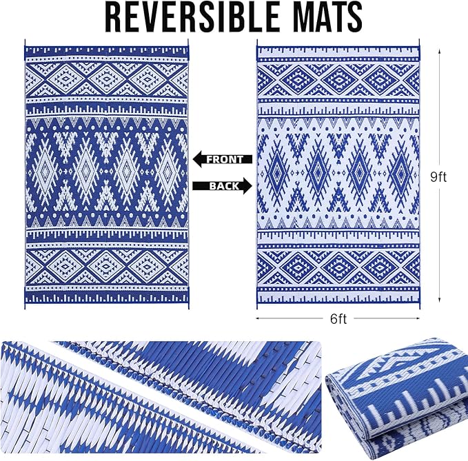 OLANLY Outdoor Rug Waterproof 6x9 ft, Reversible Outdoor Plastic Straw Rug, Boho Patio Rug, Indoor Outdoor Carpet, RV Mat Outside for Patio, Camp, Picnic, Balcony, Deck, Backyard, Blue & White